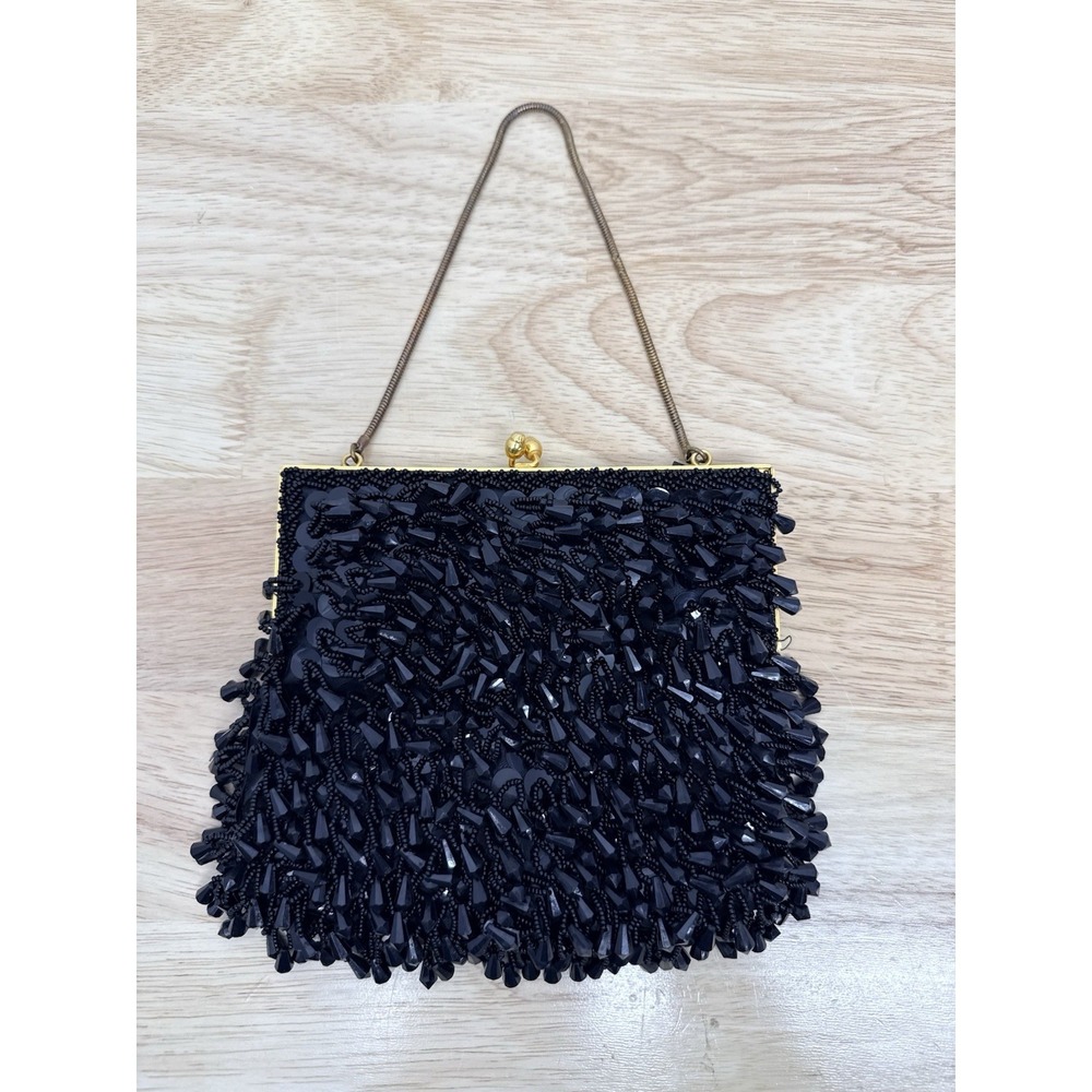 Vtg Winkelman's Black Beaded Clutch Purse Hong Kong Evening Bag Gold Frame #66